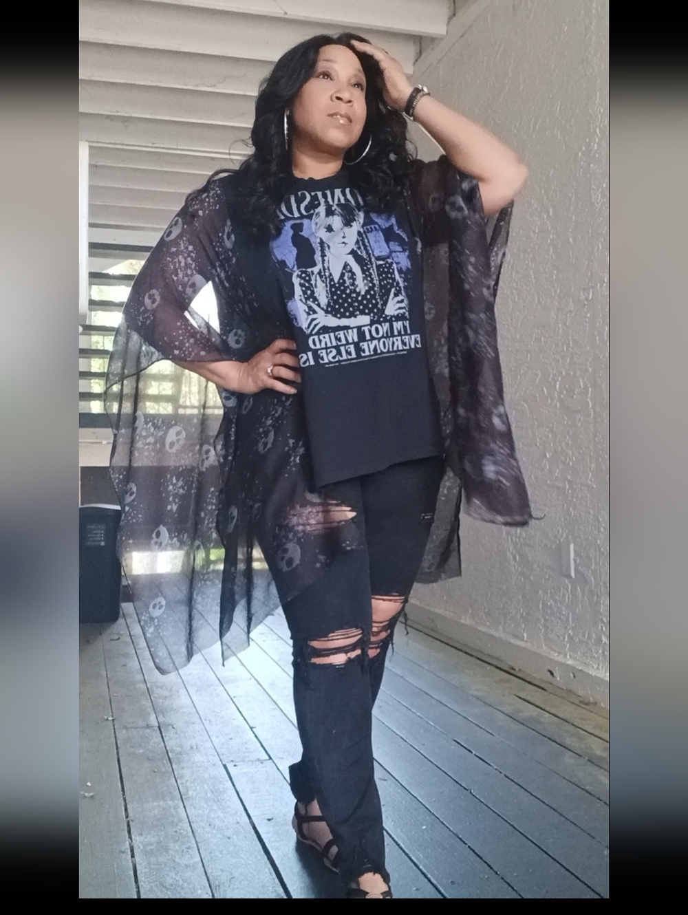 Upcycled Wednesday Graphic Tshirt Poncho - Picture 1 of 12